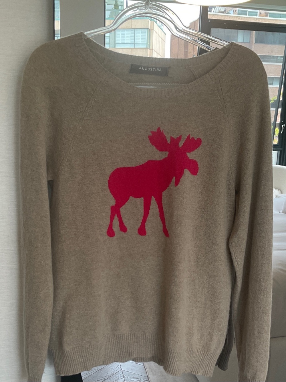 Augustina Taupe Crewneck Sweater with Pink Moose Motif